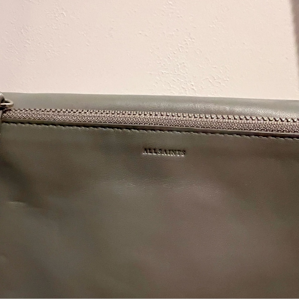 AllSaints Grey Leather Wallet on Chain Crossbody Bag Studded Minimal - Picture 5 of 6